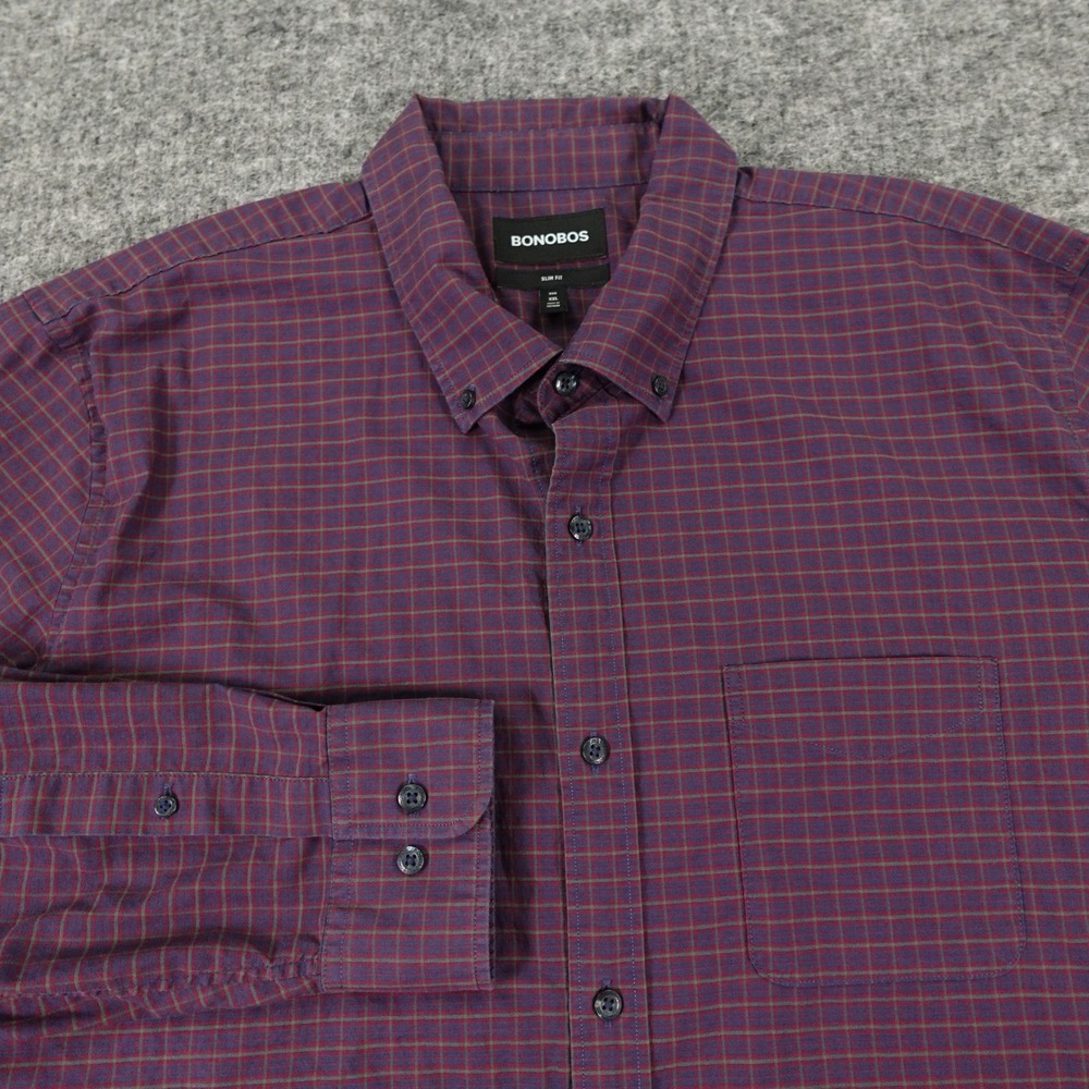 Bonobos‎ Shirt Mens XXL Red Blue Plaid Slim Fit Long Sleeve Stretch Button Up